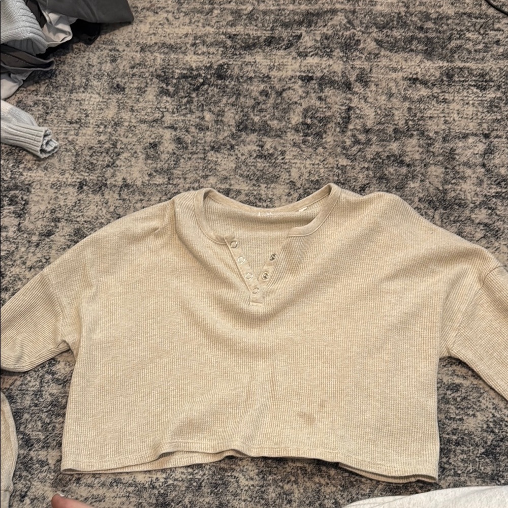 Cream Cropped Henley Sweater